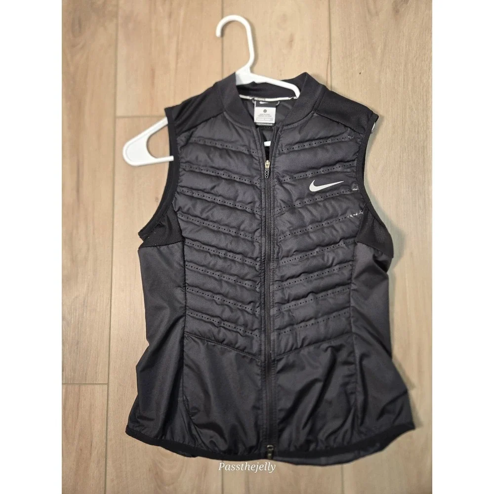 Nike Running Puffer Vest Womens Small Black Full Zip‎ Lightweight Quilted Swoosh